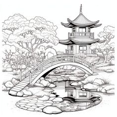 an ink drawing of a bridge over a pond with a pagoda in the background and trees