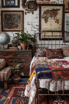 a bed sitting in a bedroom next to a wall covered in pictures and rugs