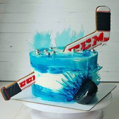 a cake decorated to look like an ice hockey goalie