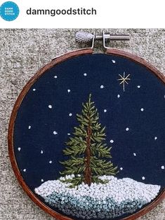 a small christmas tree in the snow on a blue background with white dots and stars