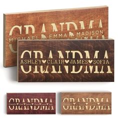 three wooden business cards with the words grandma and grandpa on them