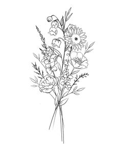 a black and white drawing of flowers in a vase