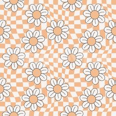 an orange and white checkered background with daisies