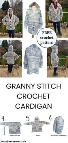 the granny stitch crochet cardigan pattern is shown with instructions to make it