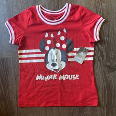 Size Large In Children’s New With Tags Comes From A Smoke Free Home Playful Red Character Print T-shirt, Minnie Mouse Crew Neck Top For Disney Events, Playful Minnie Mouse Crew Neck Top, Playful Red Cartoon Print T-shirt, Playful Red T-shirt With Cartoon Print, Cotton Minnie Mouse Shirt With Short Sleeves, Casual Minnie Mouse Crew Neck Shirt, Casual Crew Neck Minnie Mouse Shirt, Playful Red T-shirt With Character Print