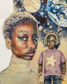 a drawing of a child with space in the background