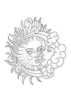 the sun and moon face with clouds in black and white coloring book page for adults