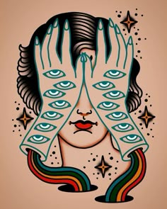 a woman's face with her hands over her eyes and stars on the background