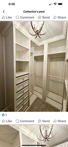 an empty walk in closet with white drawers