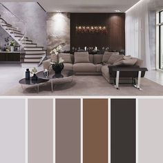 a living room filled with furniture and lots of color swatches in shades of brown, white