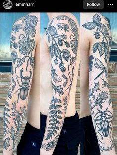 two pictures of the same person's arm with different tattoos on each arm and chest