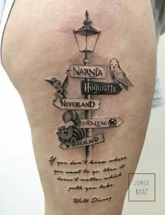 the back of a woman's thigh with tattoos on it, and an image of a