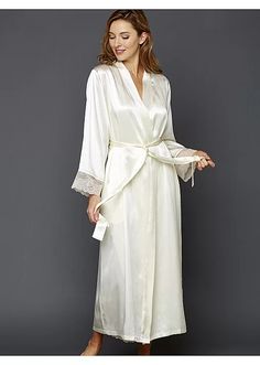 Tivoli Allura Silk Robe | Julianna Rae Long Silk Robe For Wedding Night, Elegant Wrap Kimono For Wedding Night, Elegant Wrap Kimono For Home, Elegant Satin Robe For Home, Elegant Silk Kimono For Wedding, Elegant Long Wedding Night Robe, Elegant Long Cream Kimono, Elegant Long Lace Trim Kimono, Elegant Long Kimono With Lace Trim