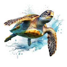 a painting of a sea turtle swimming in the ocean with water splashes around it