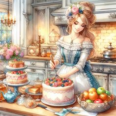 a painting of a woman in a blue dress cutting a cake with a knife and fork