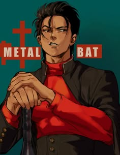 an anime character holding a bat with the words metal bat in red and black on it