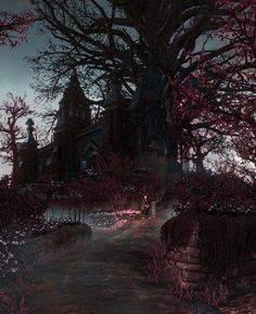 a painting of a creepy house in the woods at night with pink flowers on the ground