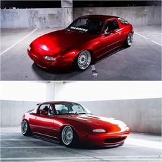 two pictures of a red sports car parked in a parking lot next to each other