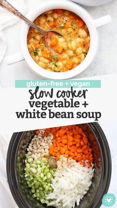 the ingredients for slow cooker vegetable and white bean soup are in bowls with spoons