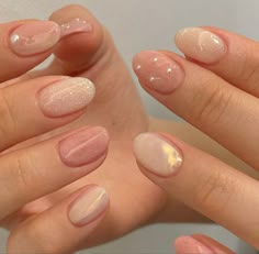 Simple Gel Pedicure, Simple Korean Gel Nails, Korean Jelly Nails Short Almond, Korean Spring Nails, Korean Gel Nails Simple Pink, Cute Jelly Nails Korean Pink, Jelly Nails Short Korean Pink, Korean Jelly Nails Pink Glitter