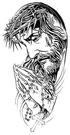 a black and white drawing of jesus with his head turned to the side, looking down