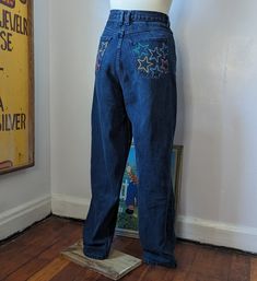 Sensible Slacks Original Reworked Rainbow Star Jeans. A pair of vintage dark wash high rise Crossroads jeans reworked with embroidered rainbow stars on the rear pockets. Star Pocket Jeans, Embroidered Rainbow, Rainbow Stars, Pockets Pants, Rainbow Star, Star Jeans, Pocket Jeans, High Rise, Rainbow