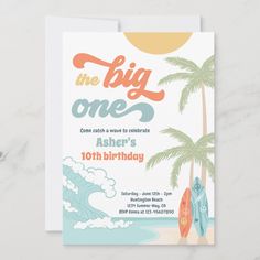 a birthday card with a surfboard and palm trees