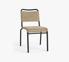 a chair with a woven seat and black frame