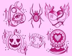 some kind of tattoo art that is on display in a pink background with hearts and other symbols