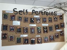 a bulletin board with pictures hanging from it's sides and the words self portraits written above them