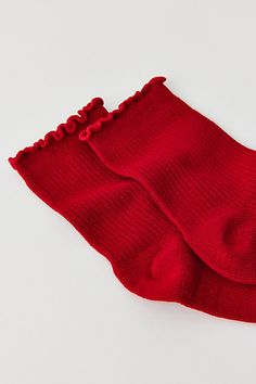 A sweet take on the essential ribbed knit socks, this pair of lightweight socks has a ruffled lettuce edge. Features Lettuce-edge ribbed socks Essential ribbed knit socks Lightweight feel Femme lettuce edges Content + Care 70% Cotton, 28% polyester, 2% spandex Machine wash Imported Size Crew sock length | Lettuce-Edge Ribbed Sock in Maroon, Women's at Urban Outfitters Confy Socks, Lettuce Edge Socks, Red Socks, Fall Socks, Frilly Socks, Ruffled Socks, Lace Socks, Tube Socks, Calf Socks