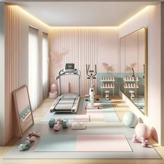 a room with pink and blue rugs on the floor, exercise equipment set up in rows