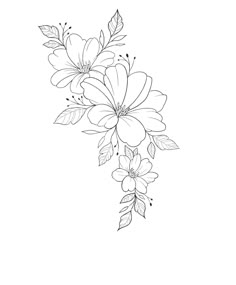 a line drawing of flowers with leaves on the bottom and one flower in the middle