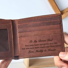 "This wallet can be personalized with the monogram of your choice, making a special gift that will be cherished for years to come. You can add a custom message on the inside (up to 20 words) to have a perfect present for groomsmen, husbands, boyfriends or fathers. P R O D U C T ∙ I N F O * Word limit: up to 20 words on the inside * Materials: Genuine leather * Dimensions: 4 3/8\" x 3 1/2\" x 5/8\" (11x9x1.5 cm) * Features: - 1 money slot - 5 card slots - 2 hidden slots H O W ∙ T O ∙ P E R S O N Valentine's Day Wallets With Card Slots, Father Of The Groom Gift, Father Day Gifts, Bonus Dad Gifts, Father Of The Groom, Step Father, Step Dad Gifts, Christmas Gift For Dad, Dad Gifts