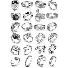 *Punk Ring Set: You Will Receive 24 Silver Punk Rings In One Ring Set, Including Skul Ring, Snake Ring, Butterfly Ring, Heart Ring And Star Ring, Animal Rings Etc. Multiple Types Of Retro Animal Rings Provide You With Different Collocation Choice Every Day, Make You Look Cool, Masculine And Accentuate Your Alluring Charm. If You Are Punk Or Retro Gothic Style Rings Lover, You're Gonna Love This Ring Set! *Vintage Silver Ring Set: The Gothic Ring Set Are Made Of High Quality Alloy, With Antique S Masculine Accessories, Punk Rings Men, Y2k Rings Men, Grunge Rings, Alt Accessories, Emo Rings, Y2k Rings, Emo Accessories, Cheap Rings