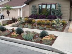 a house with many plants in front of it and a car parked on the street