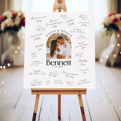 an easel with a personalized photo on it