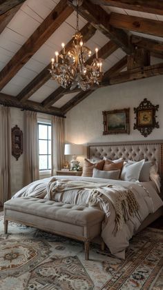 a large bed sitting under a chandelier in a bedroom next to a window