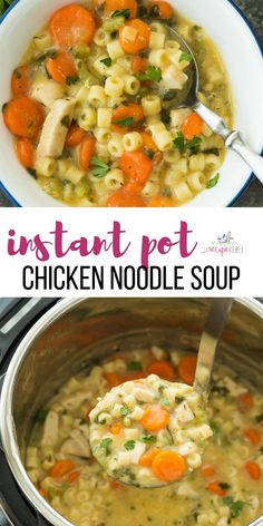 instant pot chicken noodle soup in a white bowl with a ladle scooping out