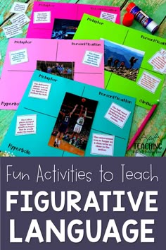 fun activities to teach figureative language with pictures and text on the front cover for kids