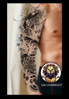 a man's half sleeve tattoo with an image of a lion and flowers on it