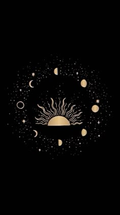 the sun, moon and stars are depicted in this black background