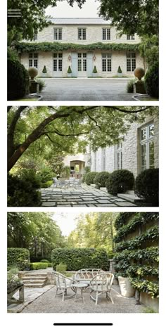 three different views of the outside of a house with trees and bushes in front of it