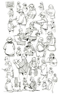 a drawing of people sitting and standing around each other with hats on their heads, in different poses