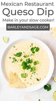 mexican restaurant quesadilla dip in a bowl with tortilla chips and cilantro