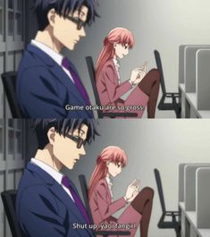 two anime characters are sitting in front of computers and one is looking at the screen