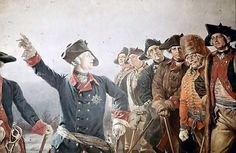 an old painting of men dressed in colonial clothing and holding their hands up to the sky