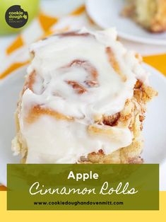 an apple cinnamon roll on a white plate with the title overlay reads, apple cinnamon rolls