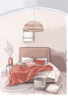 a drawing of a bed with red sheets and blankets on it, next to a lamp