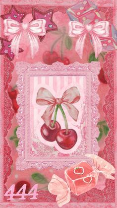 a painting of two cherries on a pink background with ribbons and bows around the edges